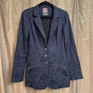 Free People Navy Blue Victorian Jacquard Lace Tie Back Button Blazer Size‎ 8